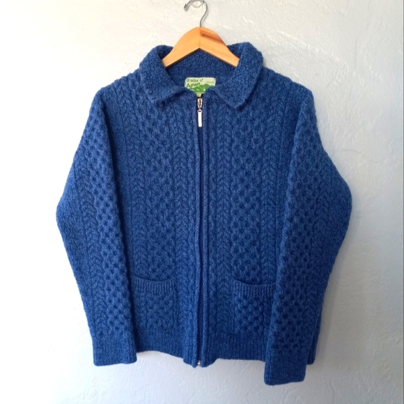 Shades Of Aran 100% Merino Wool Zip Up Cardigan Blue L - Picture 2 of 16
